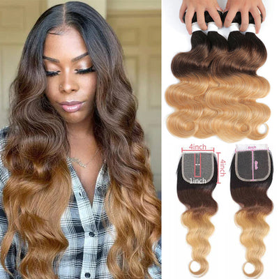 Brazilian Ombre 1b/4/27 Body Wave 4 Bundles with 4X4 Closure Virgin Human Hair