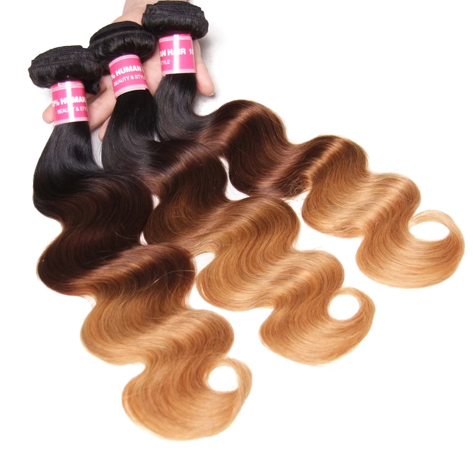 Ombre 1b/4/27 3 Tones Body Wave 3 Bundles with 4X4 lace Closure 100% Real Human Hair