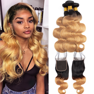 Ombre 1B/27 Body Wave 3 Bundles With 4x4 Closure pre Colored 100% Virgin Human Hair