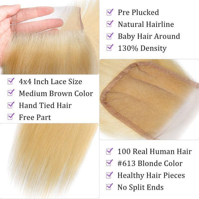 Modern Show 613 Blonde Bundles With Closure Straight Human Hair Brazilian Hair Weave Bundles With Closure Free Part closure details