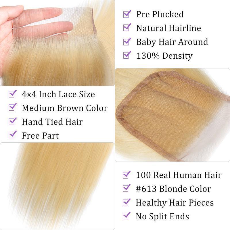 Modern Show Brazilian Straight 613 Blonde Hair Lace Closure 100 Human Hair 4x4 Swiss Closure Free Part 10-20 Inch-closure details