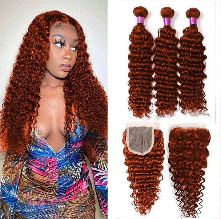 #350 Ginger Deep Wave 3 Bundles With 4x4 Lace Closure 100% Remy Human Hair