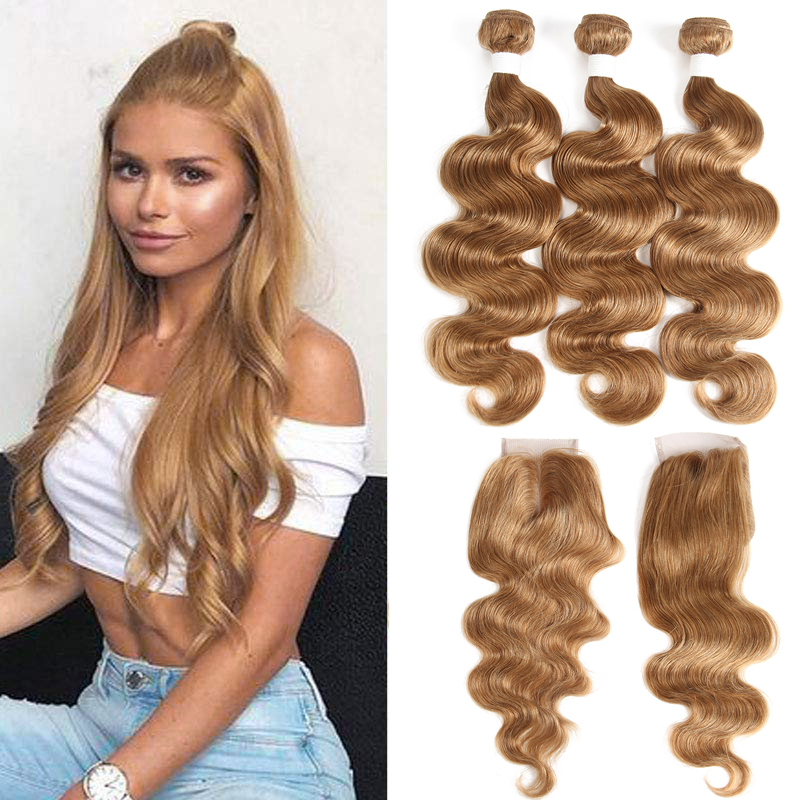 #27 Light Brown Body Wave 3 Bundles With 4x4 Lace Closure 100% Real Human Hair
