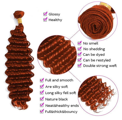 #350 Ginger Deep Wave 3 Bundles With 4x4 Lace Closure 100% Remy Human Hair