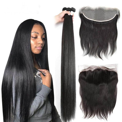 Straight 3 Bundles With 13X4 Frontal Transparent Lace Frontal Brazilian Virgin Hair