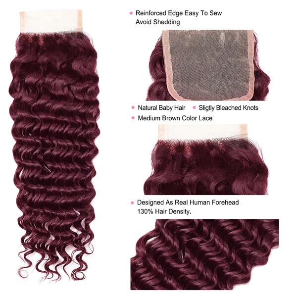 99J Burgundy Wine Red Deep Wave 3 Bundle With 4X4 Closure 100% Human Hair