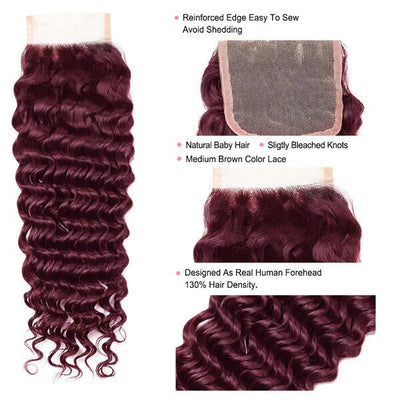 99J Burgundy Wine Red Deep Wave 3 Bundle With 4X4 Closure 100% Human Hair