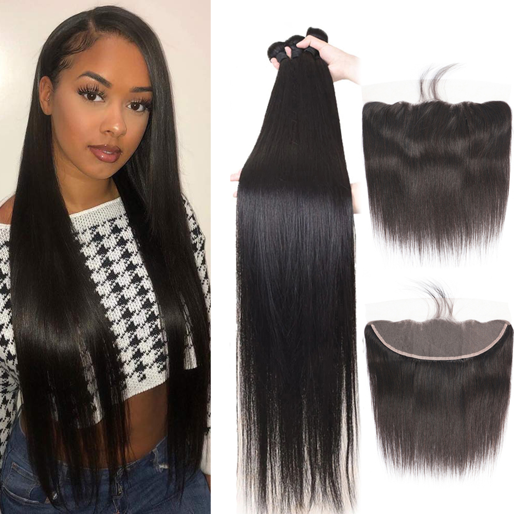Bone Straight Human Hair 4 Bundles With 13X4 Lace Frontal 100% Remy Human Hair Extension