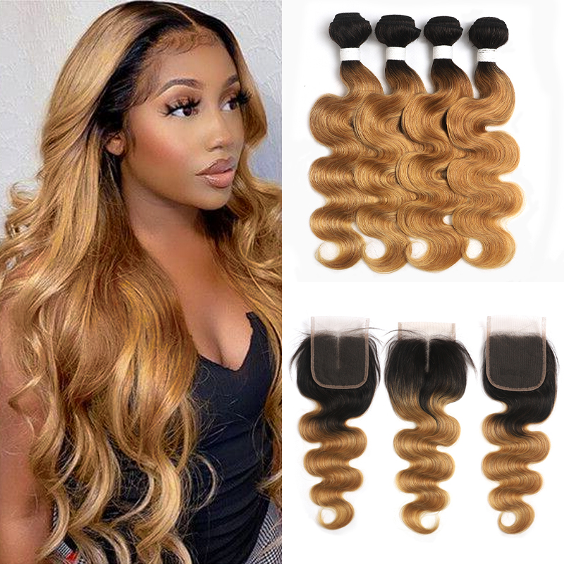 1B/27 Ombre Body Wave 4 Bundles With 4x4 Lace Closure 100% Virgin Human hair