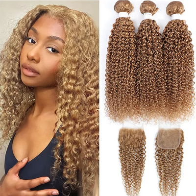 #27 Honey Blonde Kinky Curly 3 Bundles With 4X4 Lace Closure 100% Human Hair