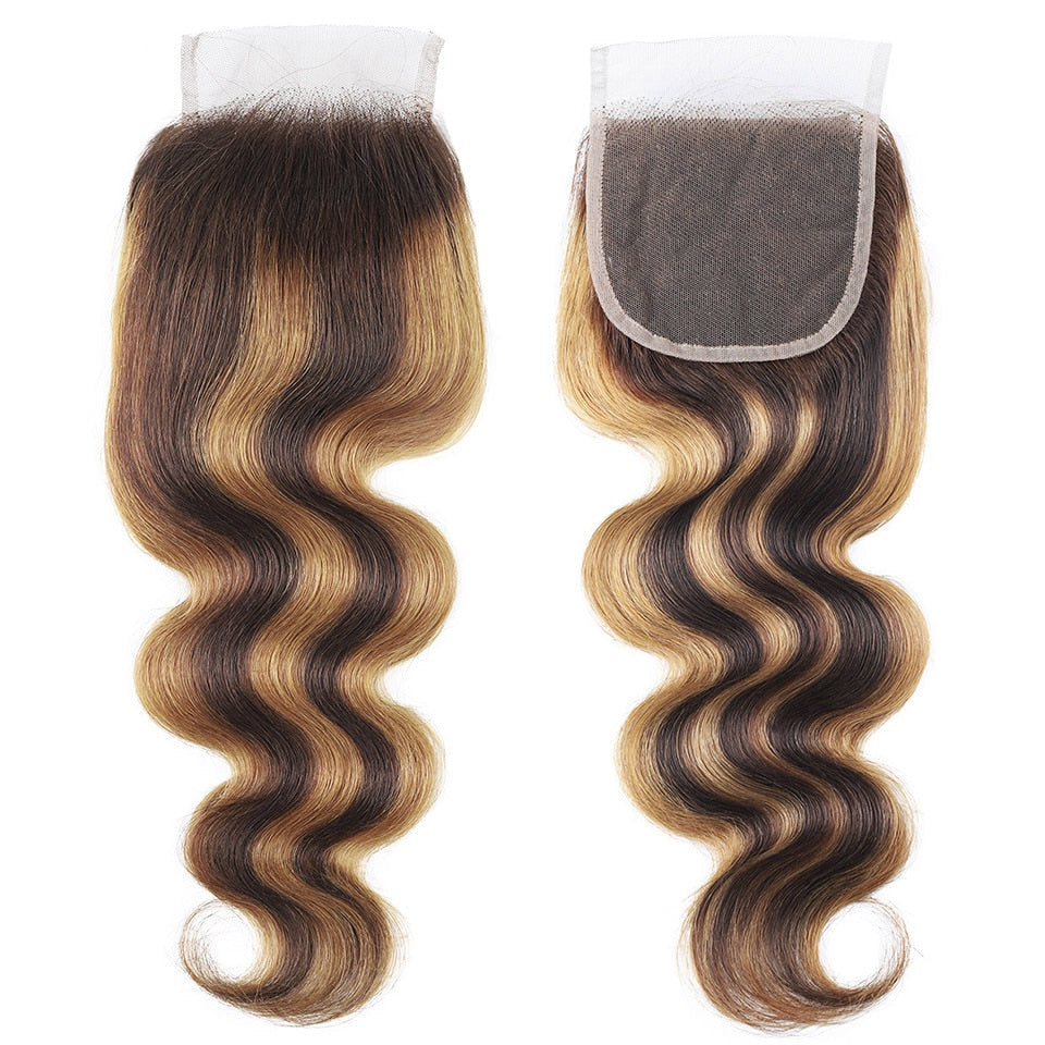 Highlight P4/27 Ombre Body Wave 3 Bundles With 4X4 Lace Closure 100% Real Human Hair