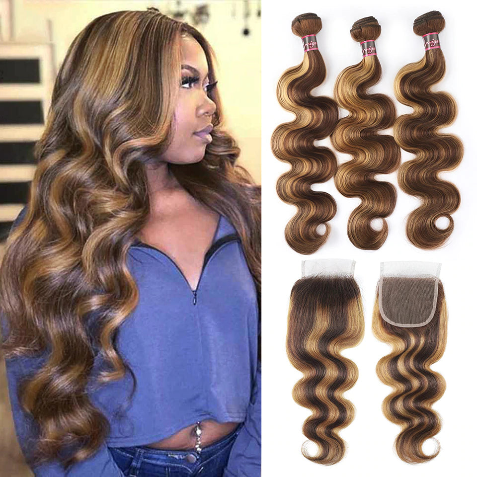 Highlight P4/27 Ombre Body Wave 3 Bundles With 4X4 Lace Closure 100% Real Human Hair