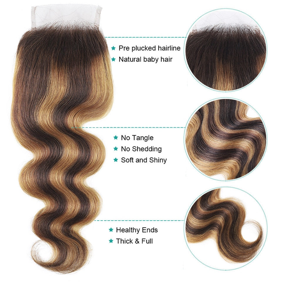 Highlight P4/27 Ombre Body Wave 3 Bundles With 4X4 Lace Closure 100% Real Human Hair