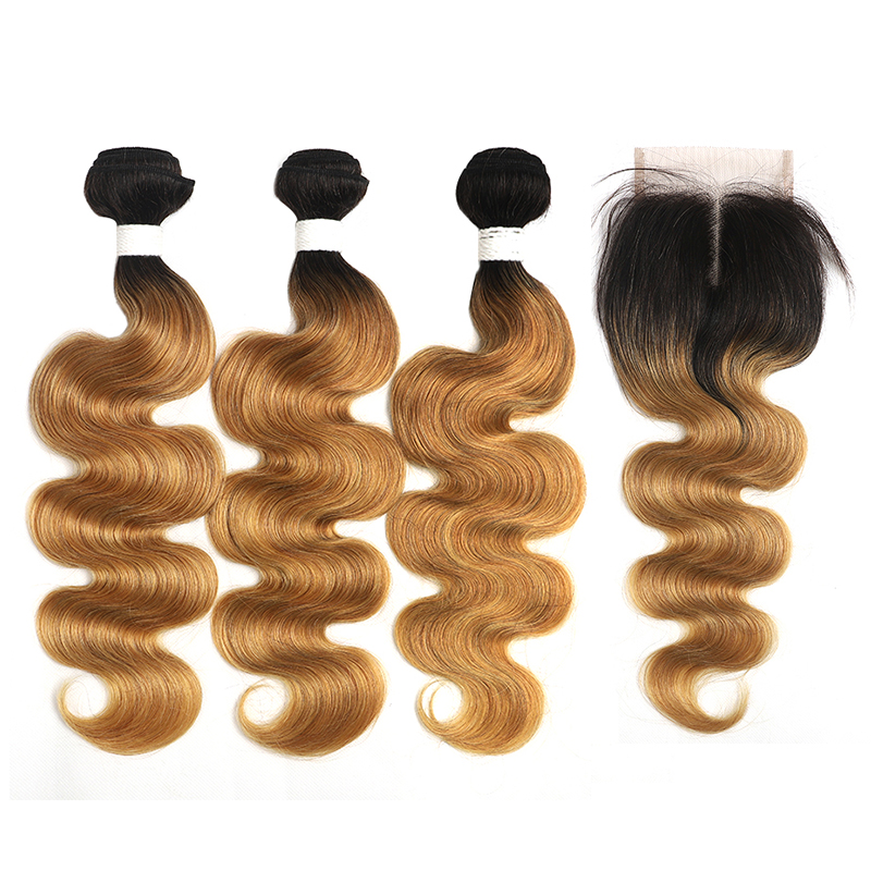 Ombre 1B/27 Body Wave 3 Bundles With 4x4 Closure pre Colored 100% Virgin Human Hair