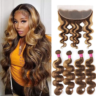 Highlight P4/27 Body Wave 4 Bundles With 13x4 Transparent Lace Frontal100% Real Human Hair