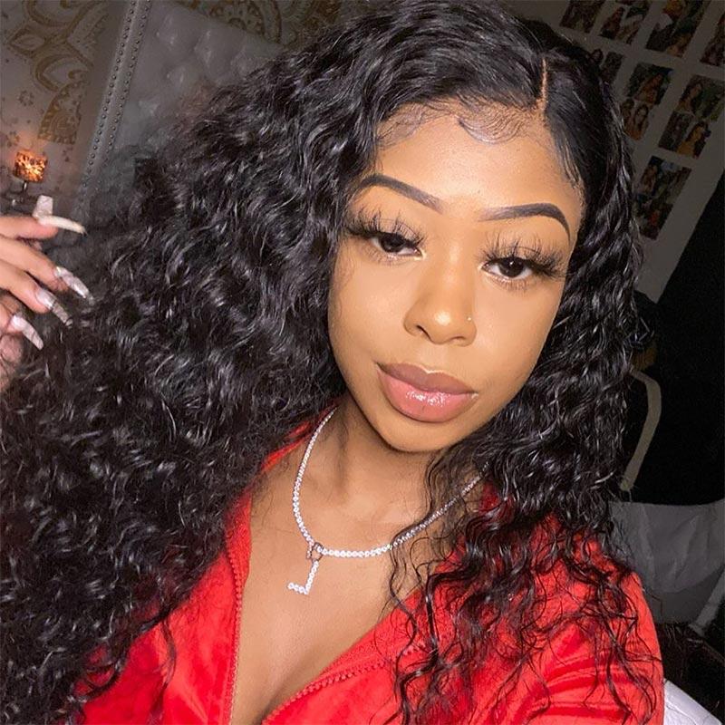 Modern Show 13x4 Invisible Lace Front Wig Long Brazilian Water Wave Human Hair Pre Plucked Half Lace Frontal Wigs