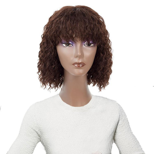 Modern Show Short Glueless Curly Bob Wig With Bangs Brown Color Water Wave Human Hair Wigs For Black Women