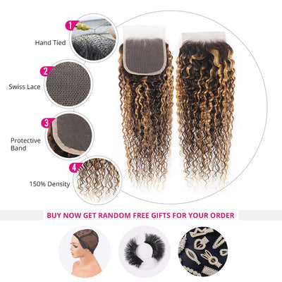 P4/27 Highlight Kinky Curly 3 Bundles With 4X4 Lace Closure 100% Human Hair