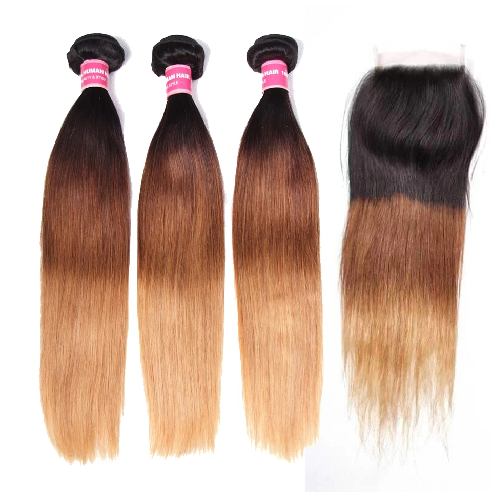 Ombre 1b/4/27 Straight 3 Bundles with 4X4 lace Closure 100% Real Human Hair