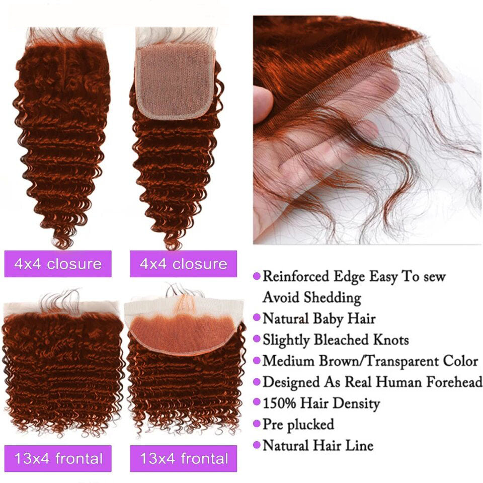 #350 Ginger Deep Wave 3 Bundles With 4x4 Lace Closure 100% Remy Human Hair