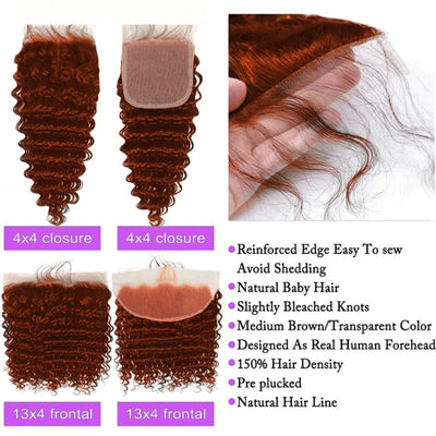 #350 Ginger Deep Wave 3 Bundles With 4x4 Lace Closure 100% Remy Human Hair