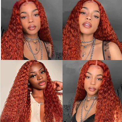 #350 Copper Red Water Wave 4 Bundles With 4X4 Lace Closure 100% Human Hair
