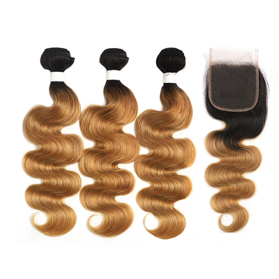 Ombre 1B/27 Body Wave 3 Bundles With 4x4 Closure pre Colored 100% Virgin Human Hair