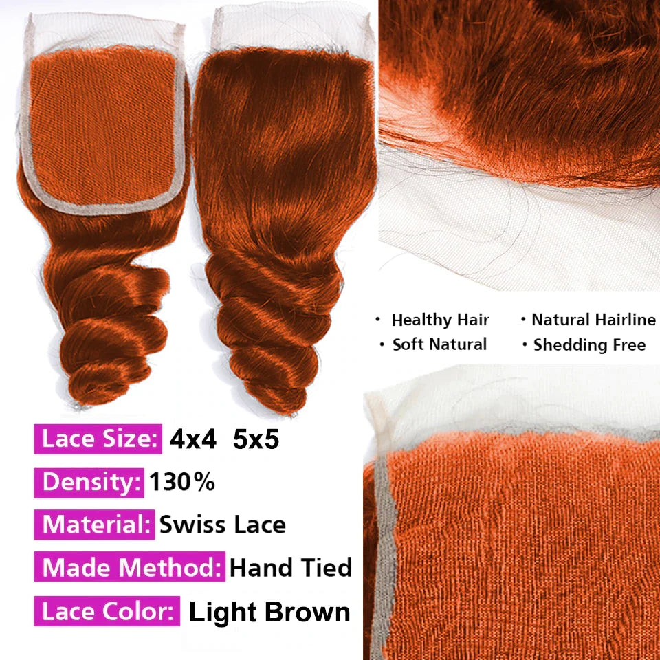 #350 Ginger Orange Loose Wave 4 Bundles With 4X4 Lace Closure 100% Remy Human Hair