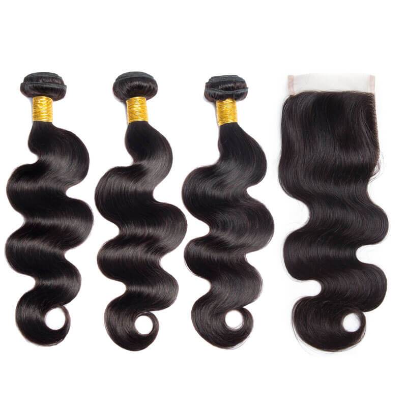 Modern Show Brazilian Body Wave Hair Weave 3 Bundles With 4x4 Lace Closure Natural Color Human Hair