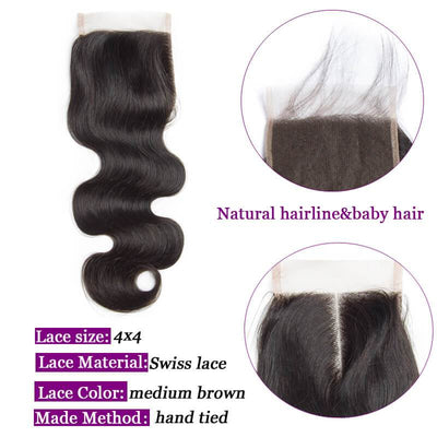 Modern Show Brazilian Body Wave Hair Weave 3 Bundles With 4x4 Lace Closure Natural Color Human Hair