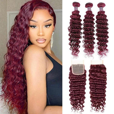 99J Burgundy Wine Red Deep Wave 3 Bundle With 4X4 Closure 100% Human Hair