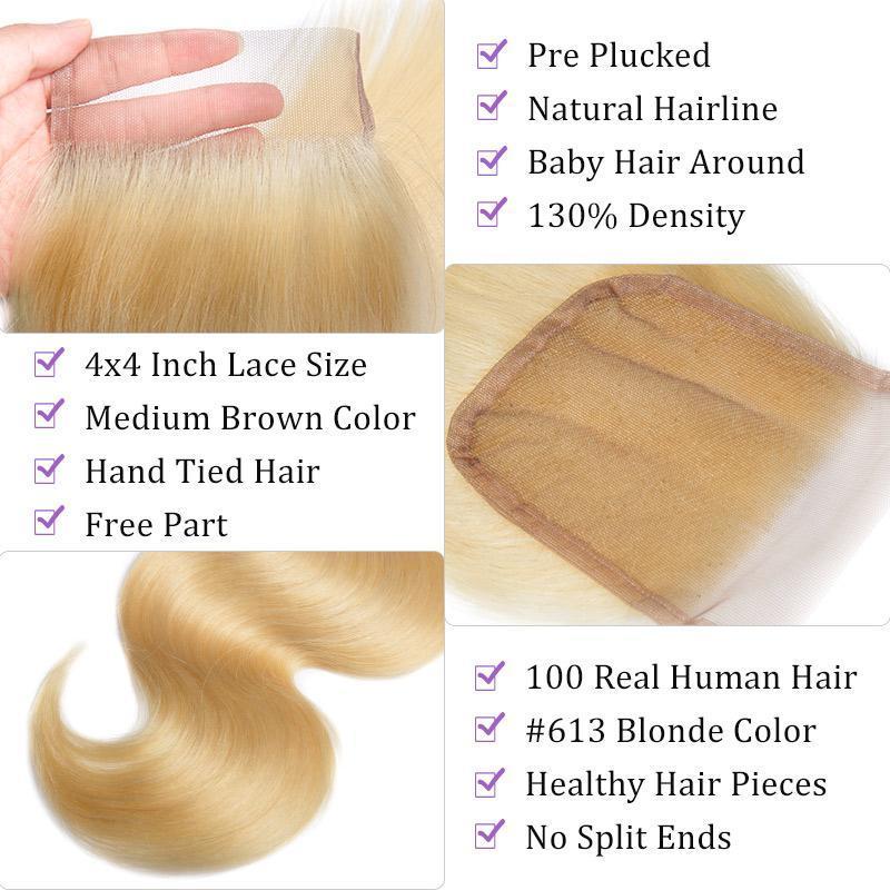Modern Show Brazilian Body Wave 613 Blonde Hair 4x4 Swiss Lace Closure 100 Human Hair Closure Free Part 10-20 Inch-details