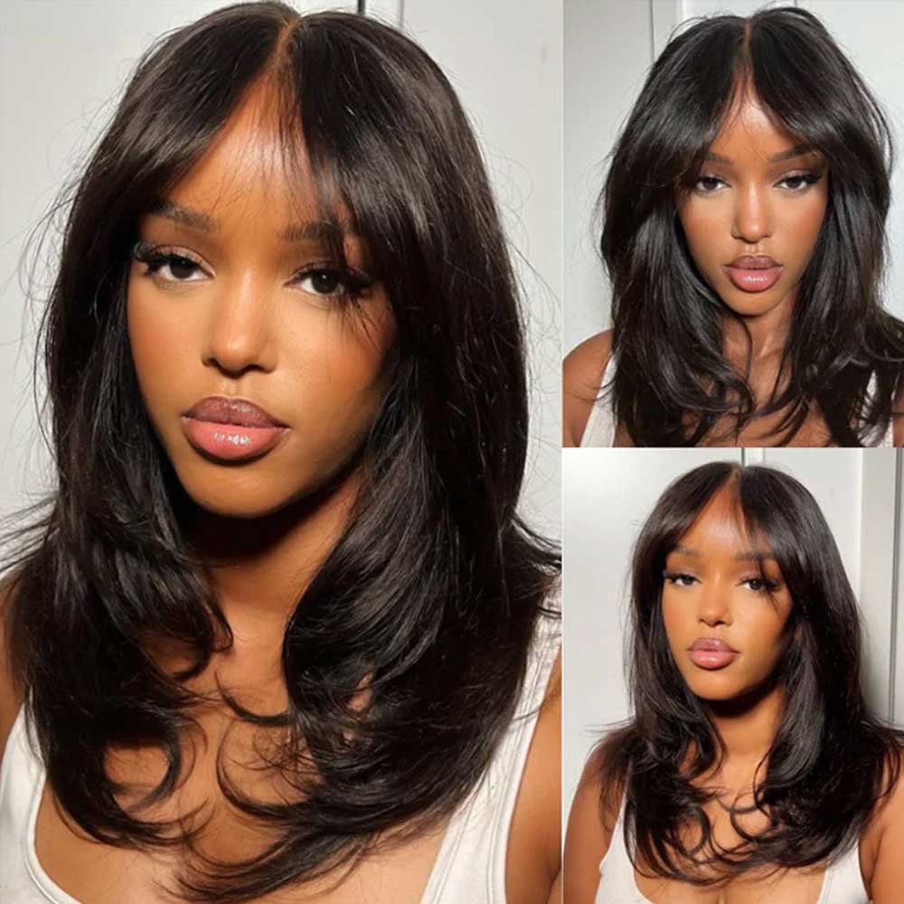 Layered Lace Wig with Curtain Bangs Human Hair