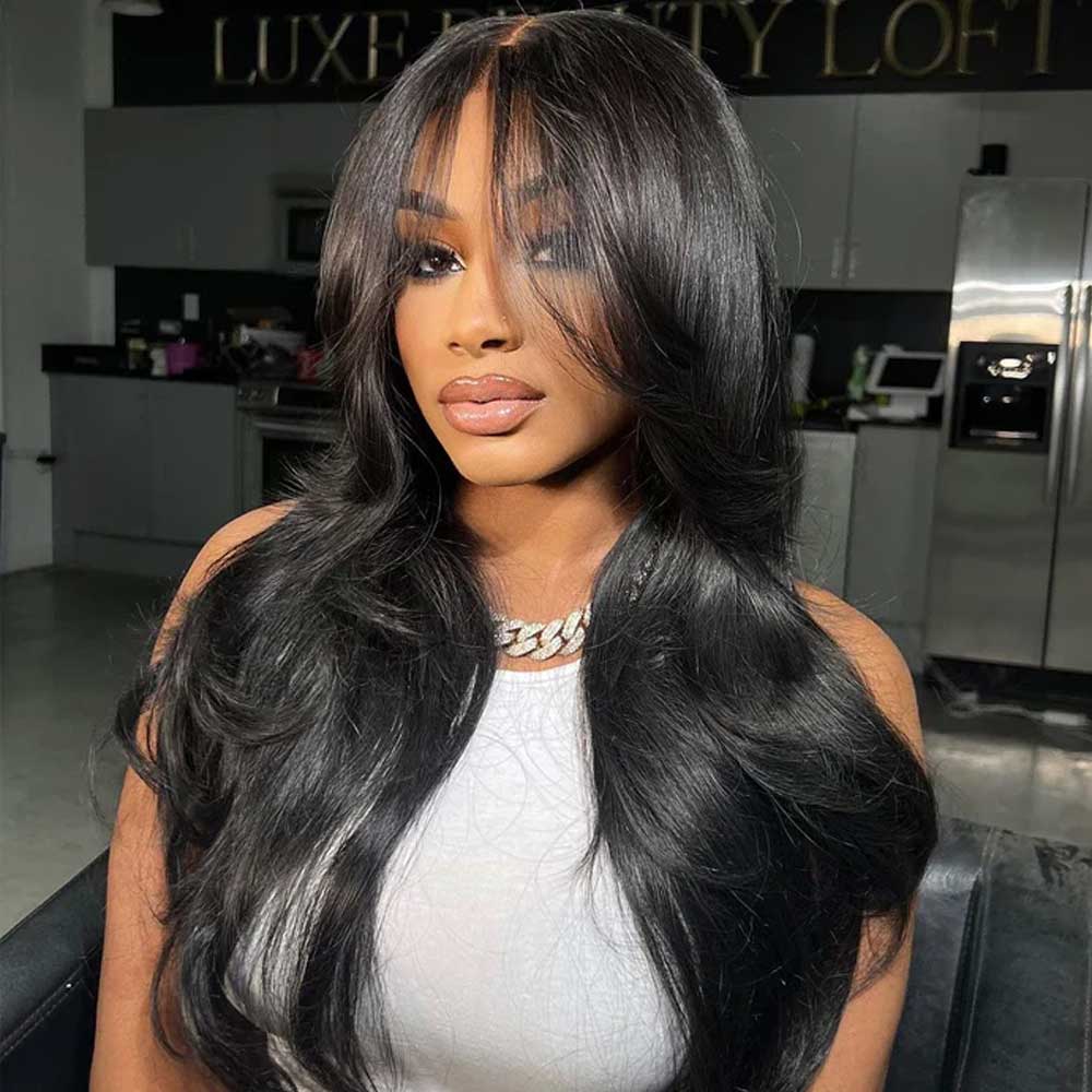Layered Lace Wig with Curtain Bangs Human Hair