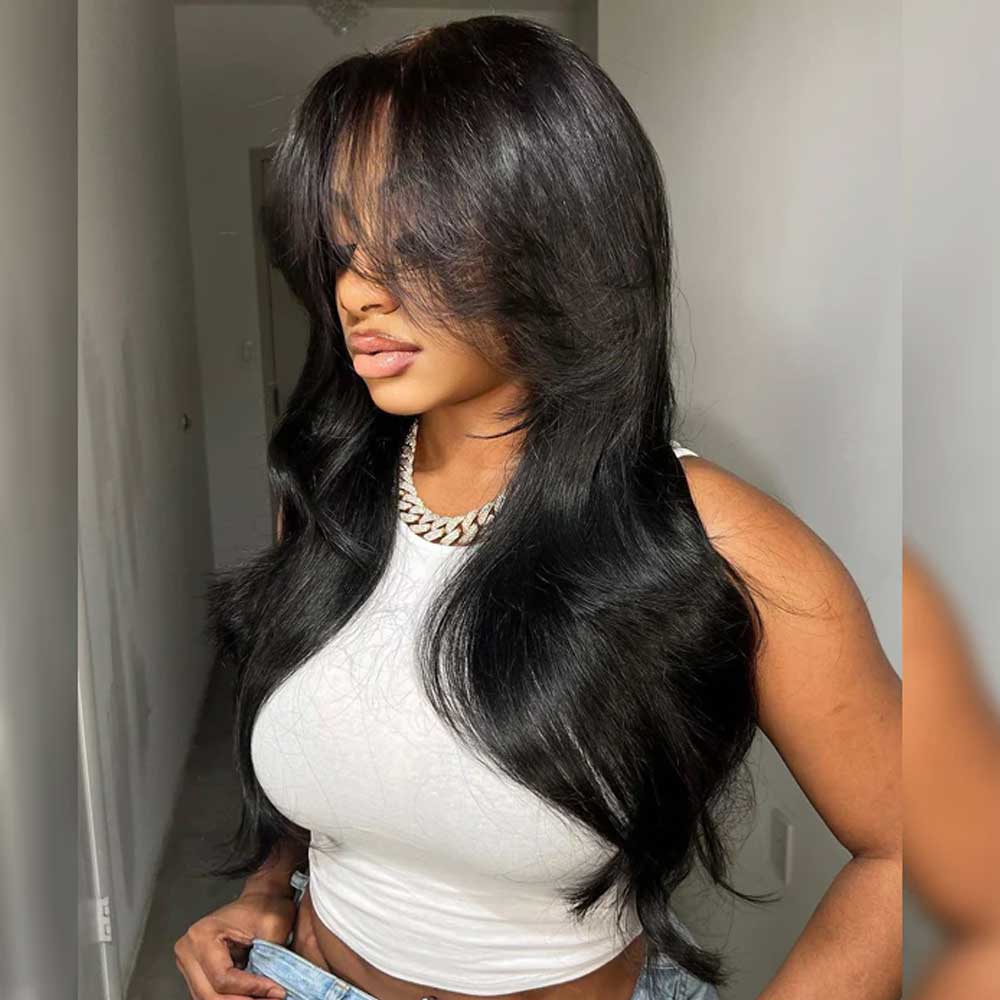 Layered Lace Wig with Curtain Bangs Human Hair
