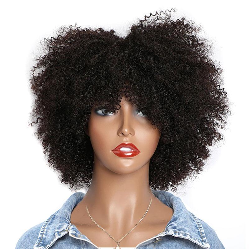 Modern Show Short Glueless Human Hair Wig With Bangs Affordable Afro Kinky Curly Wigs For Women