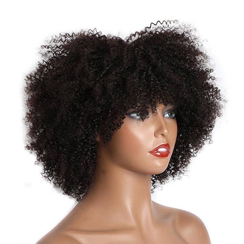 Modern Show Short Glueless Human Hair Wig With Bangs Affordable Afro Kinky Curly Wigs For Women