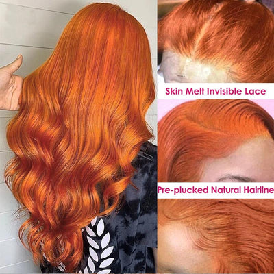 Modern Show Orange Ginger Human Hair Body Wave Wigs Pre Plucked Transparent HD Lace Wigs For Women