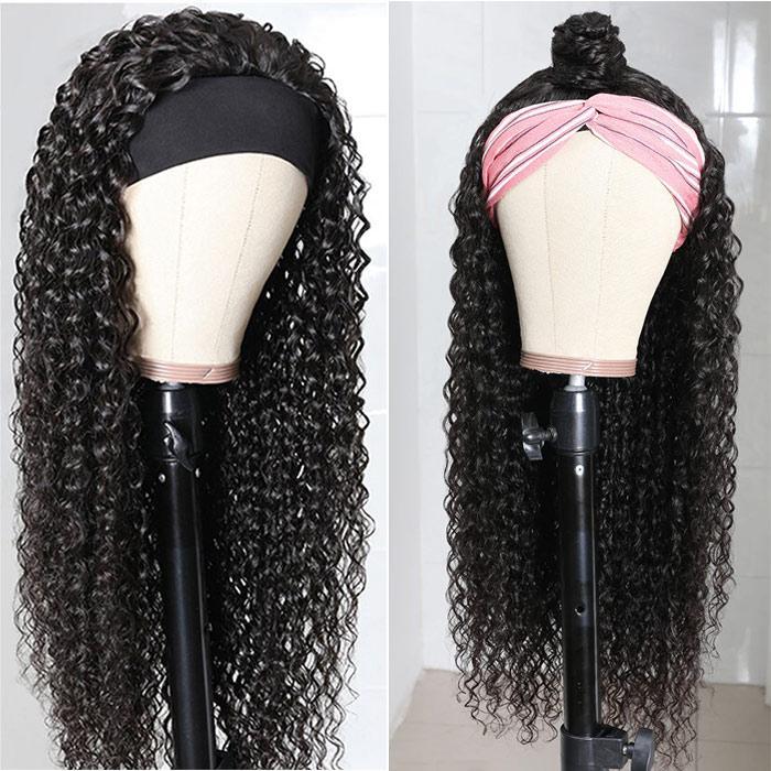 Headband Wig | Modern Show Glueless Remy Human Hair Wig Straight/Wavy/Curly Hair Machine Made Scarf Wigs