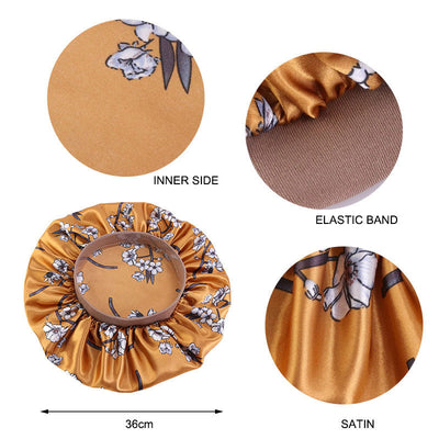 3pcs Women Floral Satin Hair Bonnet For Sleeping Elastic Wide Edge Night Hair Cap For Curly Hair-bonet details