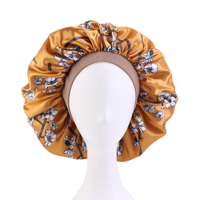 3pcs Women Floral Satin Hair Bonnet For Sleeping Elastic Wide Edge Night Hair Cap For Curly Hair-gold bonnet