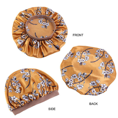 3pcs Women Floral Satin Hair Bonnet For Sleeping Elastic Wide Edge Night Hair Cap For Curly Hair-bonet side show