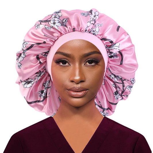 3pcs Women Floral Satin Hair Bonnet For Sleeping Elastic Wide Edge Night Hair Cap For Curly Hair-pink color