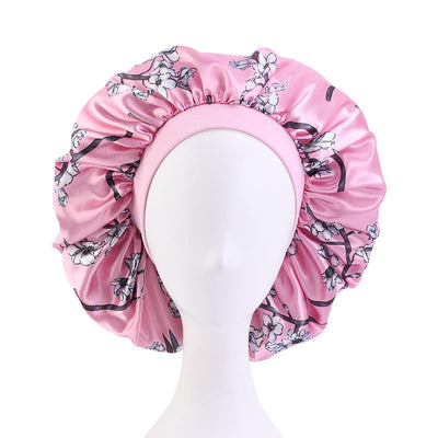 3pcs Women Floral Satin Hair Bonnet For Sleeping Elastic Wide Edge Night Hair Cap For Curly Hair-pink bonnet