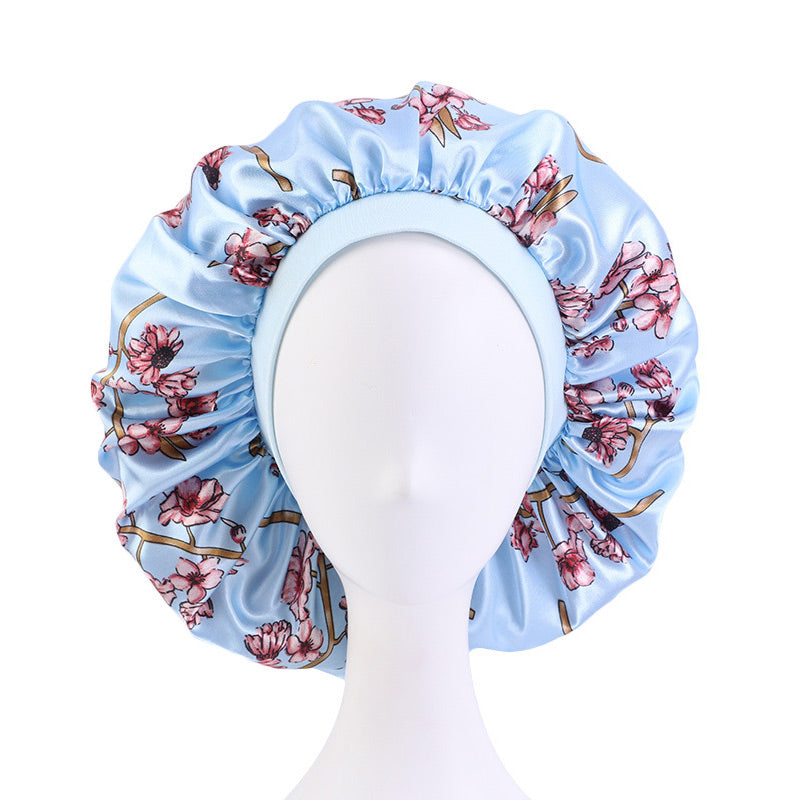 3pcs Women Floral Satin Hair Bonnet For Sleeping Elastic Wide Edge Night Hair Cap For Curly Hair-sky blue bonnet