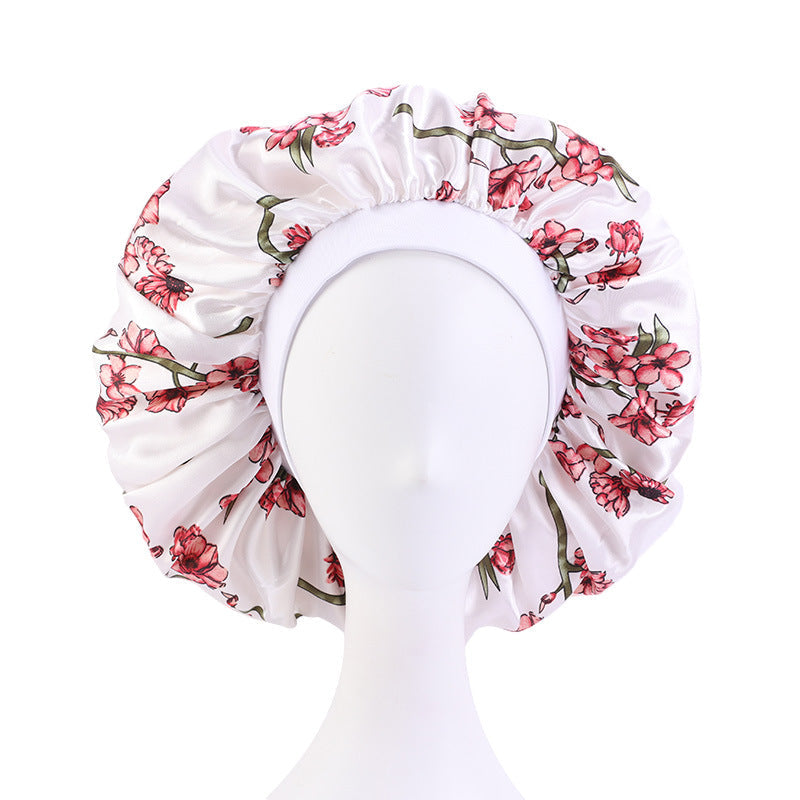 3pcs Women Floral Satin Hair Bonnet For Sleeping Elastic Wide Edge Night Hair Cap For Curly Hair-white bonnet