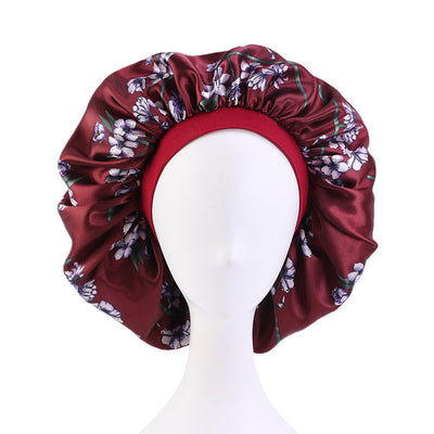 3pcs Women Floral Satin Hair Bonnet For Sleeping Elastic Wide Edge Night Hair Cap For Curly Hair- red bonnet