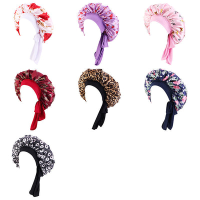 Women's Satin Hair Bonnet With Wrap Floral Sleeping Hat Night Sleep Cap For Curly Hair Care