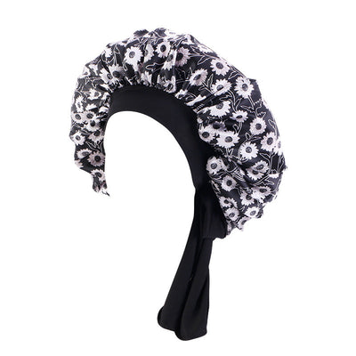 Women's Satin Hair Bonnet With Wrap Floral Sleeping Hat Night Sleep Cap For Curly Hair Care