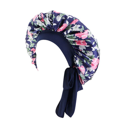 Women's Satin Hair Bonnet With Wrap Floral Sleeping Hat Night Sleep Cap For Curly Hair Care